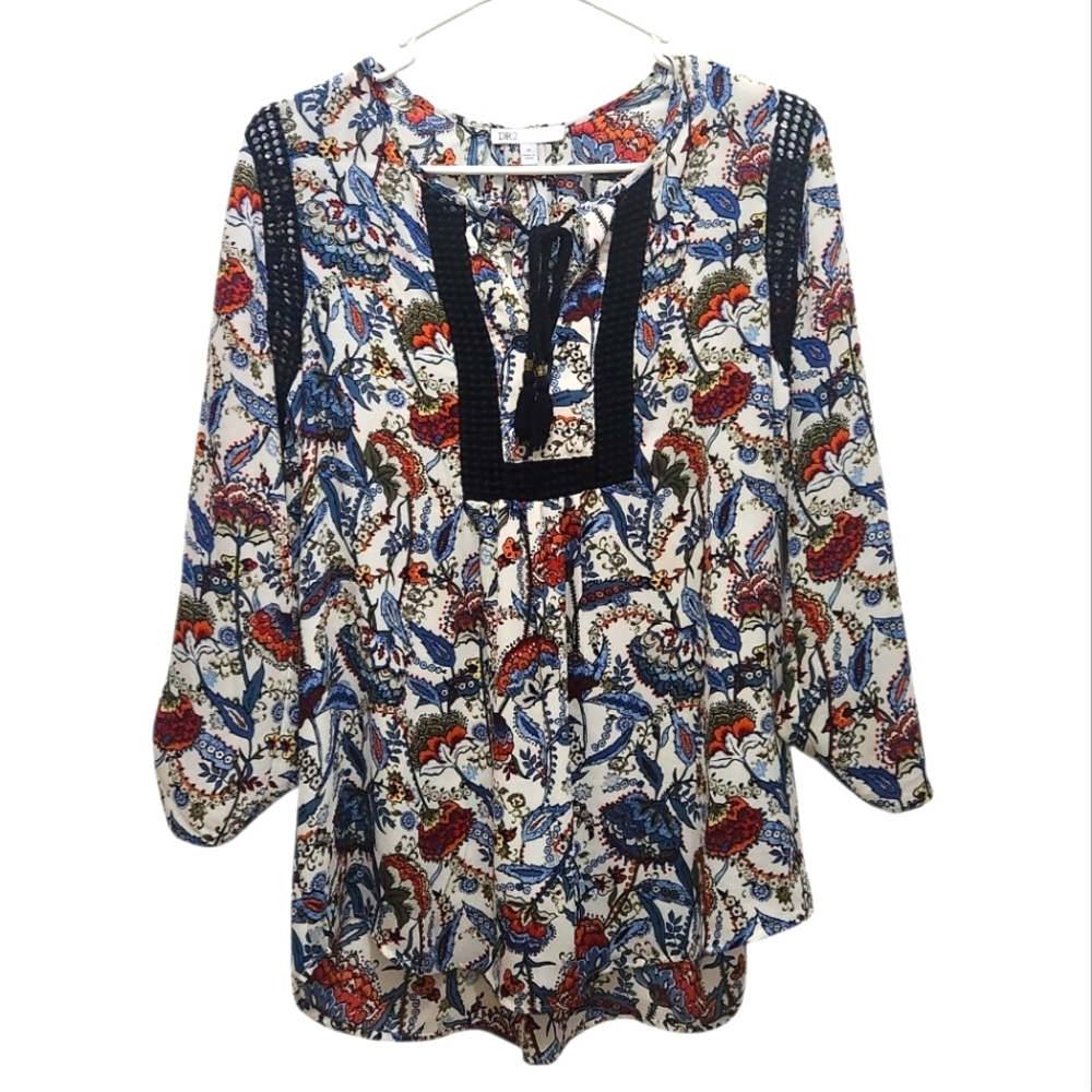 DR2 Floral Cottagecore Boho Chic Peasant Blouse Black Trim Size M Roll Tabs
